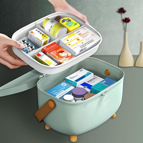 Tragbare Medikamentenbox mit großem Fassungsvermögen, 2-stöckige Medikamentenaufbewahrungsbox, doppellagige Erste-Hilfe-Box mit mehreren Fächern, ovaler medizinischer Organizer aus Kunststoff für Zuha (1/4)