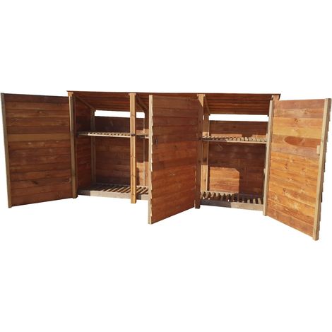 Wooden Log Store Reverse Roof, W335xH180cm (Brown finish) With doors and With Kindling Shelf