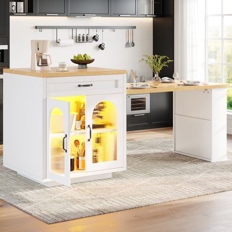 Isola da cucina estensibile con LED RGB, 2 cassetti, ripiani regolabili e ante in vetro (1/5)