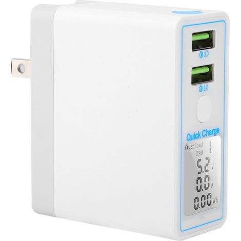 Chargeur USB Double Blanc QC3.0 avec écran LCD pour Téléphone 100-240V Prise US (1/5)