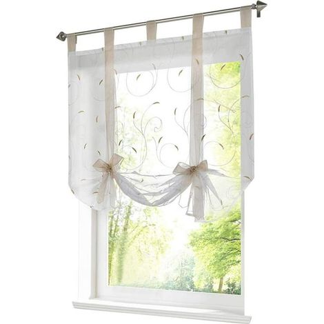 Voile transparent pour fenêtre avec ruban brodé, store romain à passants, rideau fin en lin aspect sable, dimensions 100x140 cm, parure unique. (1/3)