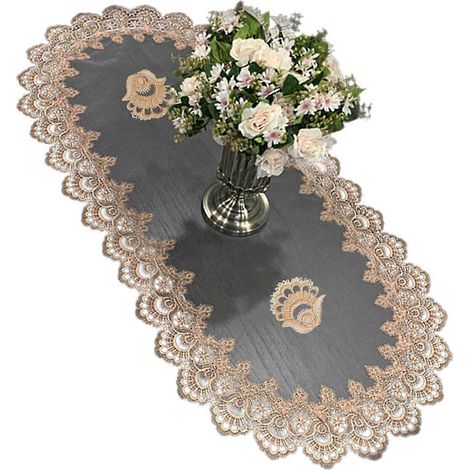 Nappe élégante en polyester, broderie florale et dentelle, idéale pour la table basse ou le bureau. Multicolore. (1/5)