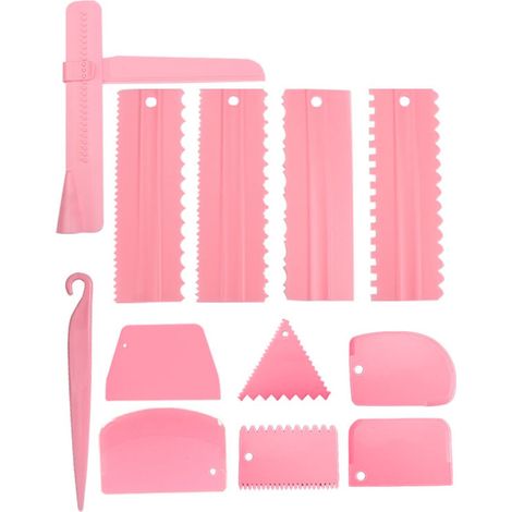 Ensemble de 12 pièces réglables pour la pâtisserie maison : racloir à gâteau, spatule et coupe-pâte de différentes tailles, rose. (1/5)