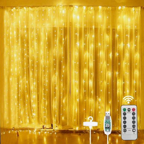 Rideau lumineux, guirlande lumineuse 3m x 3m  300 LED, 8 modes d'éclairage, décoration intérieure et extérieure, lumière blanche chaude