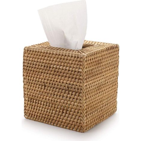 Scatola in rattan per salviette struccanti, porta salviette struccanti decorativo intrecciato, dispenser per fazzoletti per bagno, cucina o ufficio, 14 x 14 x 14,5 cm (1/5)