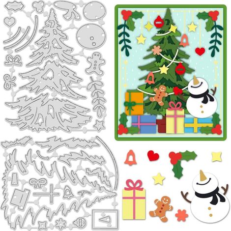 Lot de 2 matrices de découpe en métal en forme de sapins de Noël pour la fabrication de cartes, cadeaux, nœuds, étoiles, cœurs, bonshommes de neige, pochoirs de découpe pour scrapbooking (1/5)