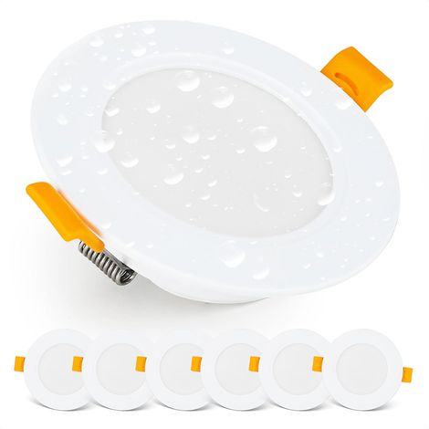 Spot LED Encastrable 230V, 5W / 500lm, Blanc froid 6000K Spot Salle de Bain, étanche IP54 pour l'extérieur et l'intérieur Lot de 6 LED spots de plafond, extra plat, rond, couleur blanc (1/5)