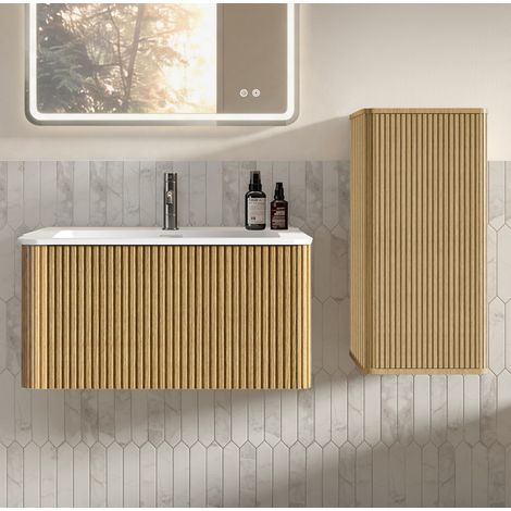 Mobile bagno con lavabo, 80 cm, sospeso con colonna, rovere DESVIAE (1/5)