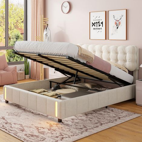 Lit double rembourré 140x190cm, tissu velours, lit coffre, avec éclairage à capteur, tête de lit rembourrée épaisse, lit adulte, lit adolescent, sommier à lattes, matelas non inclus, beige (1/4)