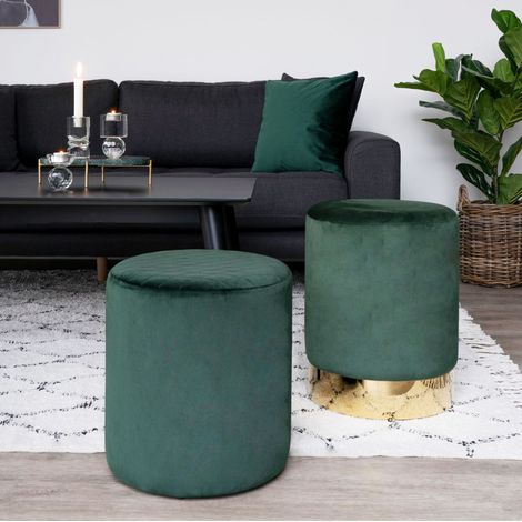 Pouf rond 34x36 cm en velours vert foncé - BORZICH