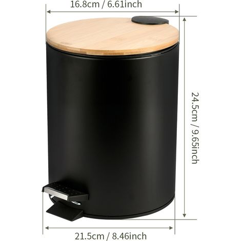 Poubelle de Salle de Bain à Pédale en Acier - Couvercle Bambou - 3L - Noir (1/5)