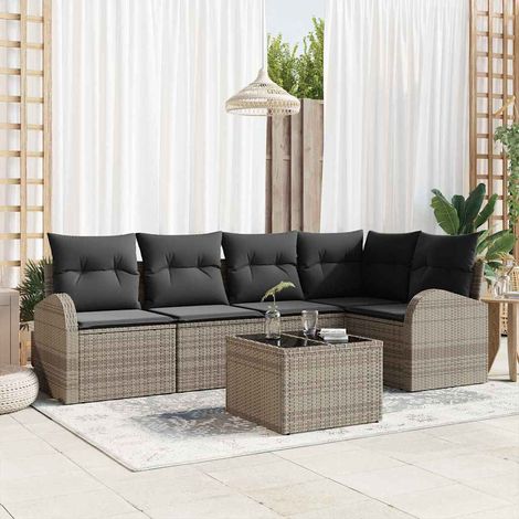 Gartensofa-set mit Kissen mit Speicher 6 pcs Grau Poly-Rattan