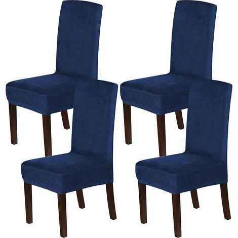 Coprisedie in velluto per sedie da pranzo, coprisedie elasticizzati, set di 4 coprisedie Parson, coprisedie per sala da pranzo, tessuto in velluto spesso lavabile, blu navy (1/5)
