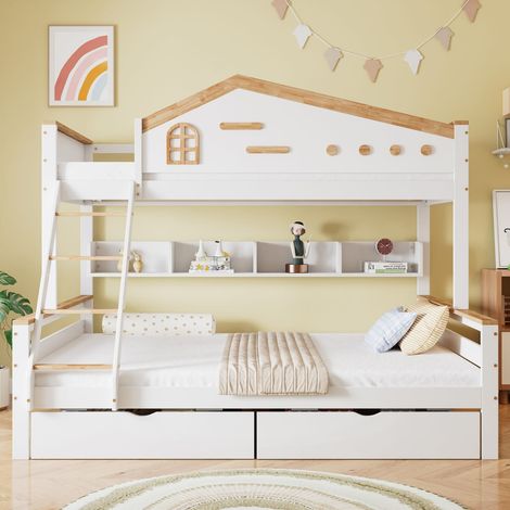 Lit superposé enfant 90x200 cm avec escalier rangement, fenêtres décoratives, étagères, barrières de sécurité, bois pin blanc et naturel (1/5)