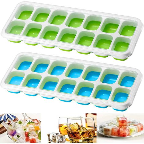 2 bacs à glaçons en silicone avec couvercle, 14 compartiments avec couvercle anti-déversement amovible, formes de glaçons compatibles - bleu et vert (1/4)