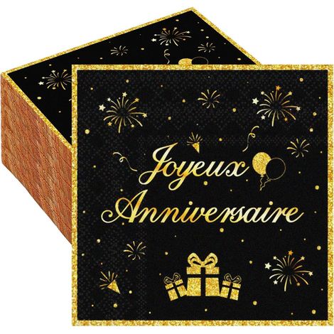 40 Pcs Serviettes Papier Anniversaire Noir Or, 3-Ply Jetables (1/5)