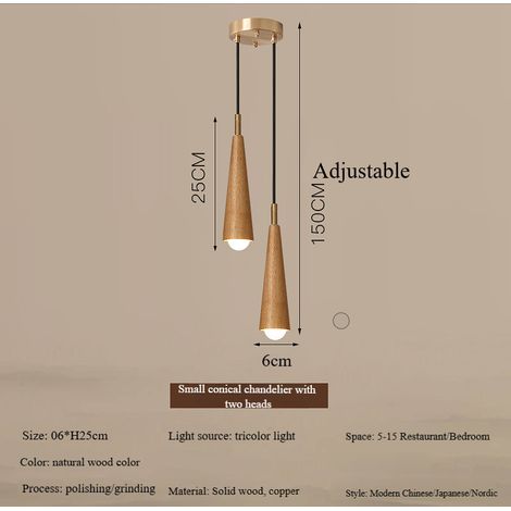 Suspension 2 têtes conique bois naturel et cuivre, plateau rond, 3 tons de lumière, style vintage (1/5)