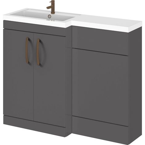Balterley Left-Hand Bathroom Vanity and WC Unit Combination with Basin - 1100mm - Gloss Grey with Brushed Bronze Handles (1/5)