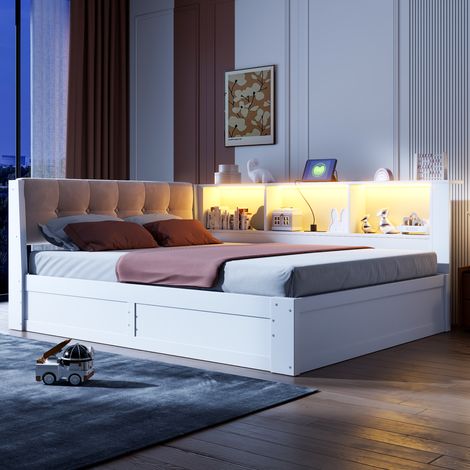 Divano letto, 140x200 cm, letto singolo (senza materasso), sospensione idraulica, con striscia LED dimmerabile, con pratico ripiano, con porta USB, legno di pino, bianco (1/5)
