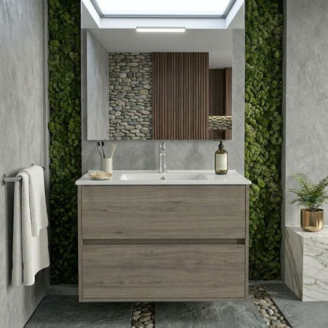 Meuble de salle de bain suspendu 80x45 cm chêne foncé avec 2 tiroirs et lavabo inclus - Soria