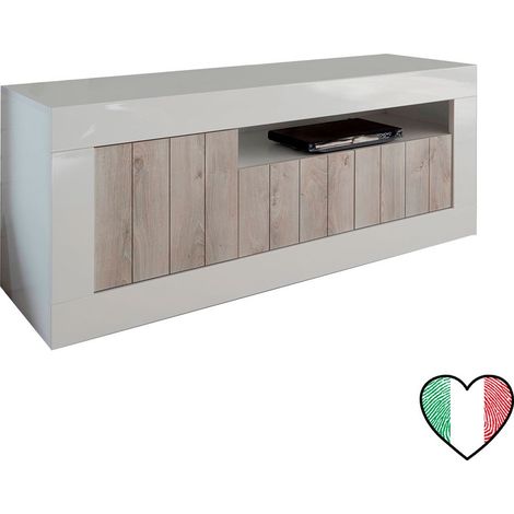 Mobile Porta TV soggiorno Laccato Bianco lucido, 3 ante pino e vano a giorno L. 138 cm - Urbino (1/2)