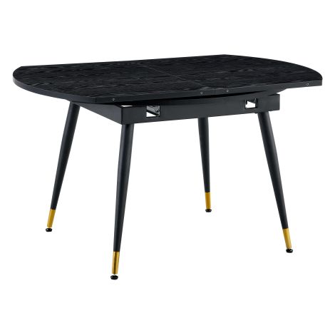 Moderner Ausziehbarer Esstisch, Verwandelt sich von Rund zu Oval, MDF-Platte in Schwarz/Nussbaum mit Gold-Akzenten, Stabile Metallbeine, Platzsparend für Küche & Esszimmer