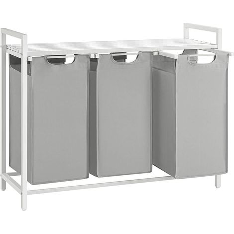Panier à linge sale avec 3 compartiments et étagère de rangement 92,5 x 33 x 72 cm en MDF gris tourterelle (1/2)