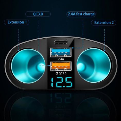 Adaptateur Allume-Cigare - 2 Prises - Voltmètre LED - Ports USB Double QC3.0 + Type-C - 20 W PD - Pour Voiture 12-24 V - 1 Pièce (1/5)