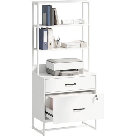 HOMCOM cajonera escritorio con estantería, mueble archivador con 2 cajones, encimera para impresora, cerradura, para A4 Letter Legal, blanco