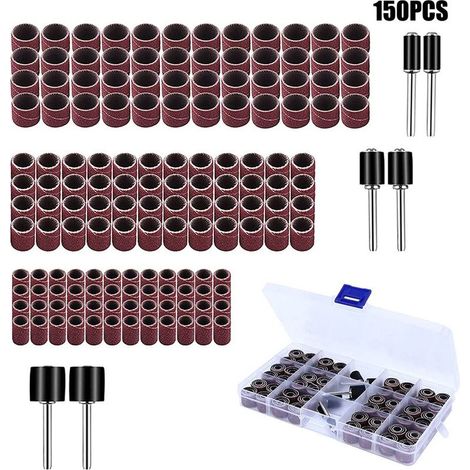 150 Pieces Tambour De Ponçage Avec Boîte Gratuite, Comprenant 144 Pieces Bandes de Ponçage et 6 Pieces Tambour Mandrin pour Outils Rotatifs (1/5)