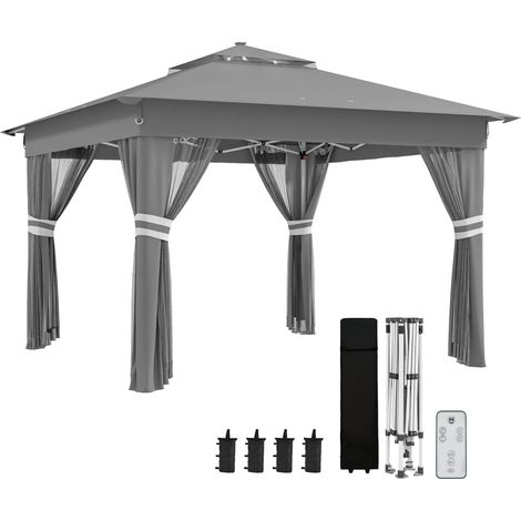Gazebo d’environ 3 x 3 m, éclairage LED, gris foncé, pour jardin et terrasse, kiosque avec LED, kiosque de jardin avec sac d’eau, mur latéral