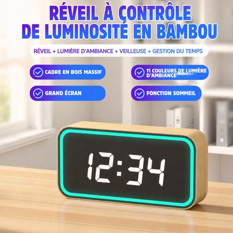 Réveil électronique silencieux cadre en bambou et bois affichage LED alarme veilleuse 16 × 4 × 8 cm 650 g – Livraison gratuite (1/5)