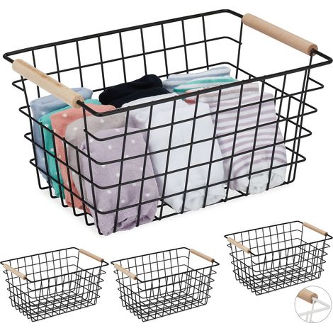 Relaxdays 4x Wire Basket, Wooden Handles, Square, Lattice Design, Clothes, Accessories, Metal Bin, 16x31x21 cm, Black
