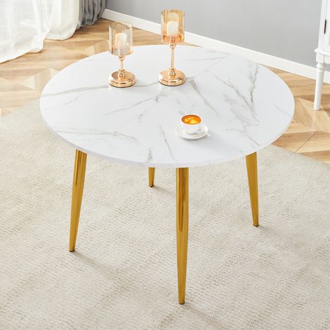 Table de salle à manger ronde extensible 107-137 cm, MDF et métal, blanche, REDOM (1/5)