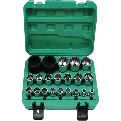 Set di chiavi a bussola in acciaio al cromo vanadio e molibdeno, 21 pezzi, misure da 8 a 36 mm, compatibile con diversi tipi di elementi di fissaggio, custodia in plastica resistente. (1/5)