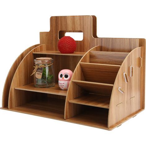 Organisateur de bureau en bois pour cosmétiques et fournitures, rangement élégant pour espace de travail, couleur cerisier. (1/5)