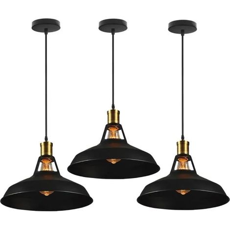 U-Do Lot de 3 Suspension Rétro Lustre Industrielle Métal Noir (1/4)