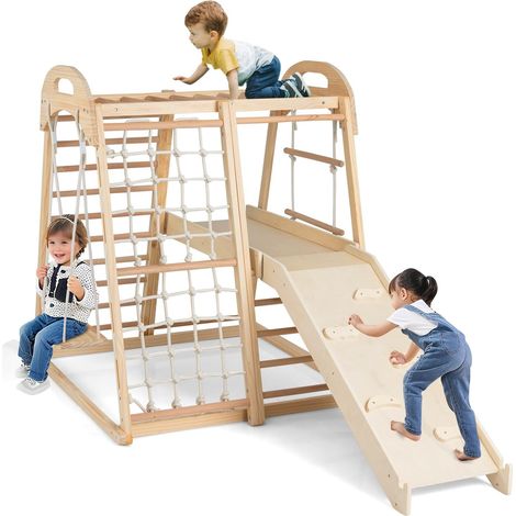 COSTWAY 8 en 1 Aire de Jeux d'escalade Intérieure en Bois avec Toboggan & Balançoire, Triangle d'escalade Montessori Enfant avec Filet & Échelle & Barre de Singe, Charge 50kg pour 3-5 Ans (Naturel) (1/5)