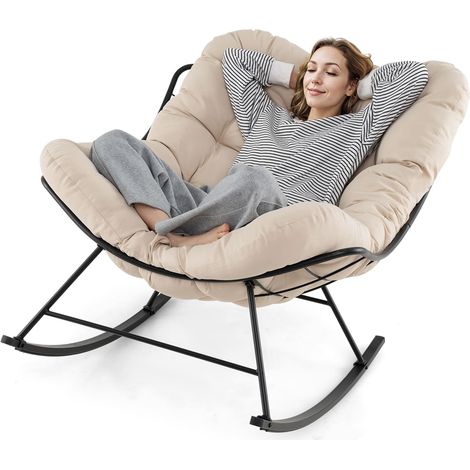 COSTWAY Indoor Outdoor Rocking Chair Oversized Egg Papasan Chair-Beige (1/5)