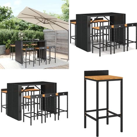 Ensemble de bar jardin 7 pcs noir poly rotin/bois massif acacia - Ensemble Salon De Jardin - Mobilier De Jardin - Table De Bar - Chaises De Bar - Set De Bar Extérieur - Home & Living (1/5)