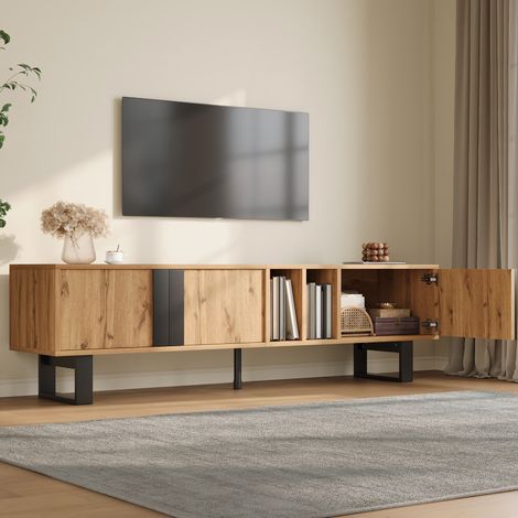 Meuble TV 160 x 40 x 50 cm avec 3 portes, rangements ouverts, pieds en fer noir HAVRYA (1/5)