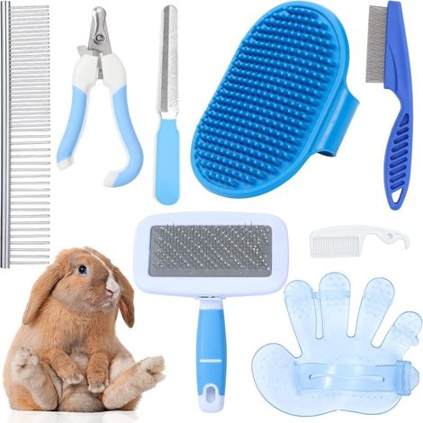Kit per la toelettatura dei conigli, comprensivo di tagliaunghie, pettine antipulci, spazzola per il bagno, guanti e pettine per la pulizia (8 pezzi, blu)