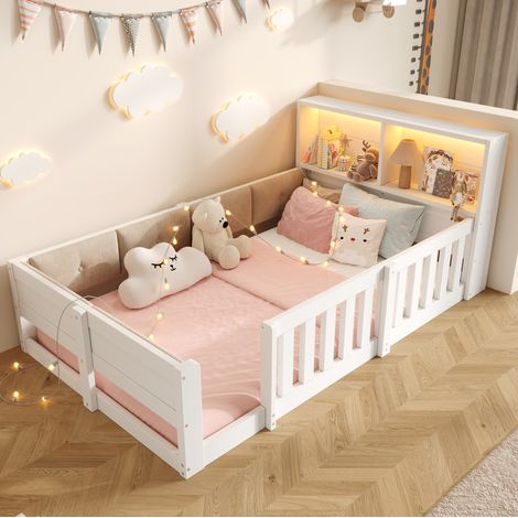 Cama infantil 90 x 200 cm con barrera, almacenaje y tira LED, blanco HAVRYA (1/5)