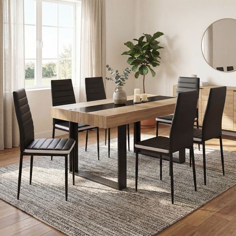 Juego de mesa de comedor rectangular PHOENIX de madera y negro con banda central negra 160 cm y 6 sillas ROMANE negras con banda