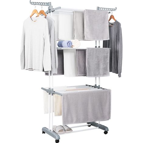 Herzberg Stendibiancheria Torre Laterale Ali laterali su 3 Pieghevole Appendiabiti Mobile - Grigio (1/4)