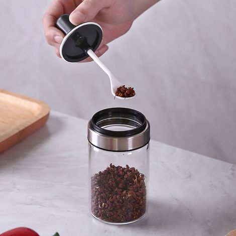 Pot à épices en verre transparent avec cuillère intégrée pour la cuisine (1/5)