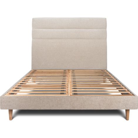 Lit 140x190cm avec tête de lit lignes tissu et sommier kit beige brun - Hauteur totale : 29cm (1/5)
