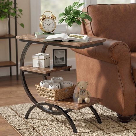 Beistelltisch aus Holz – Kleiner Couchtisch – Beistelltisch mit 3 Ablagen für Wohnzimmer und Schlafzimmer, Dunkelbraun
