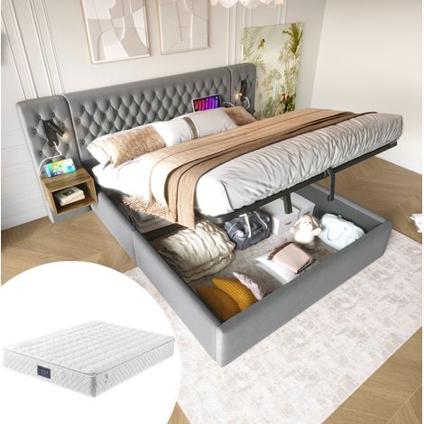MEUBLIV Bett 160x200 cm grau – mit Stauraum und USB, mit Matratze (1/5)