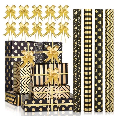 4 Rouleaux Papier Cadeau Noir et Or, 43cm×3M Papier Cadeau pour Emballage Cadeaux de Mariage, Anniversaire, Saint Valentin, Papier Cadeaux Noël Recyclable avec Ruban Points d'or Rayure Étoile (1/5)